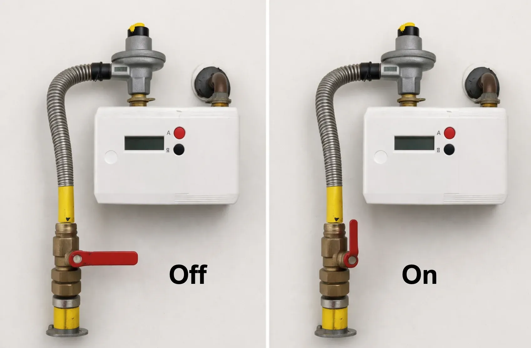 Emergency control valve off (perpendicular) and on (parallel) to the gas pipe